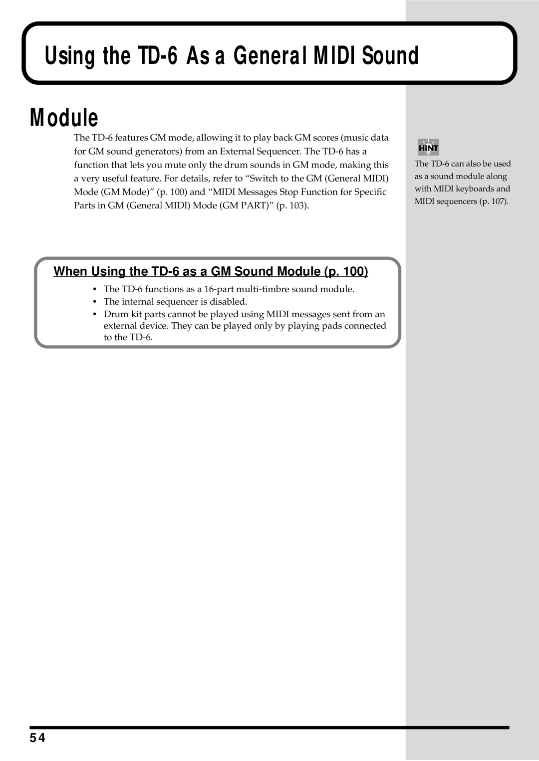 Roland owner manual Using the TD-6 As a General Midi Sound Module, When Using the TD-6 as a GM Sound Module p 