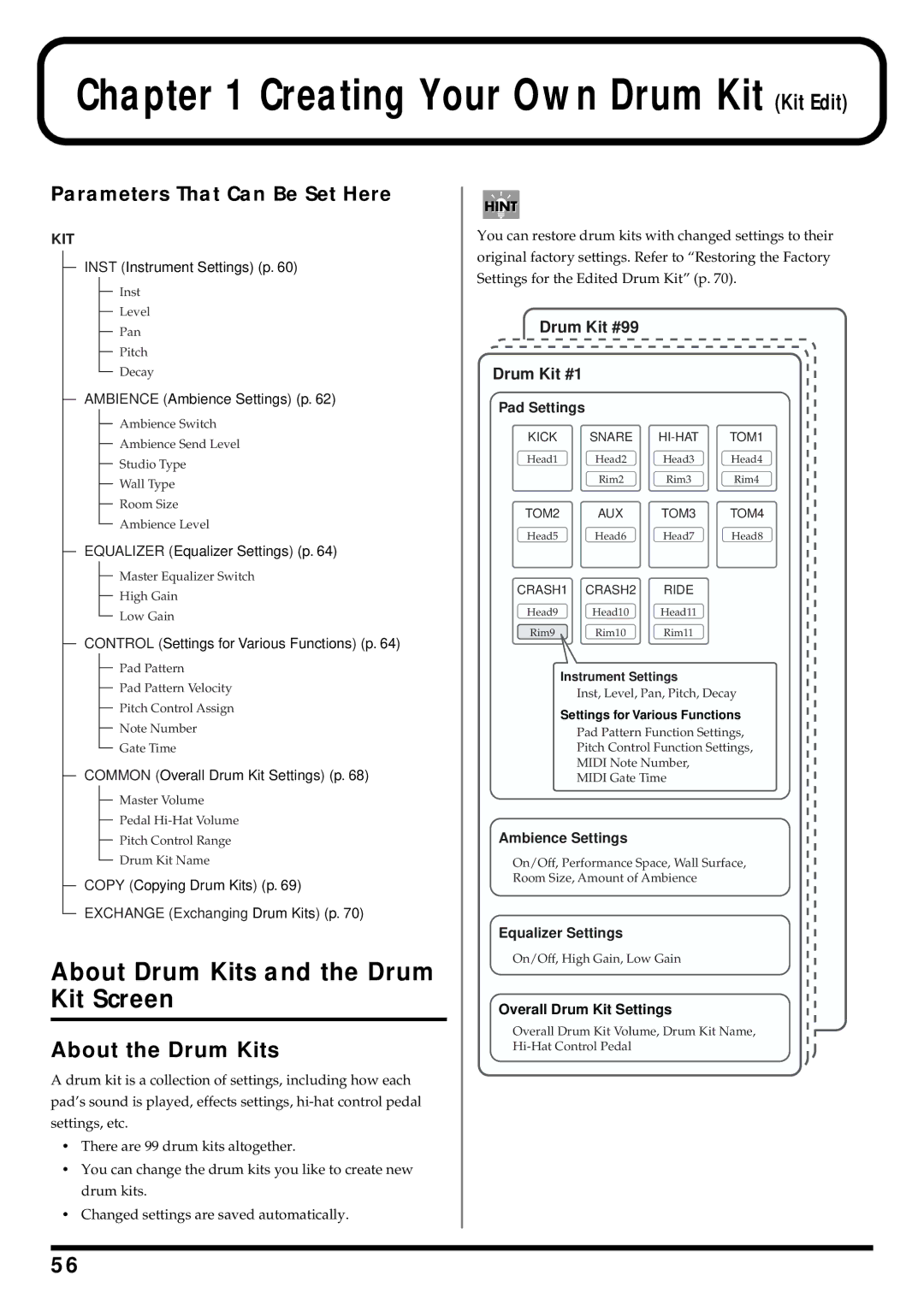 Roland TD-6 owner manual About Drum Kits and the Drum Kit Screen, About the Drum Kits, Overall Drum Kit Settings 