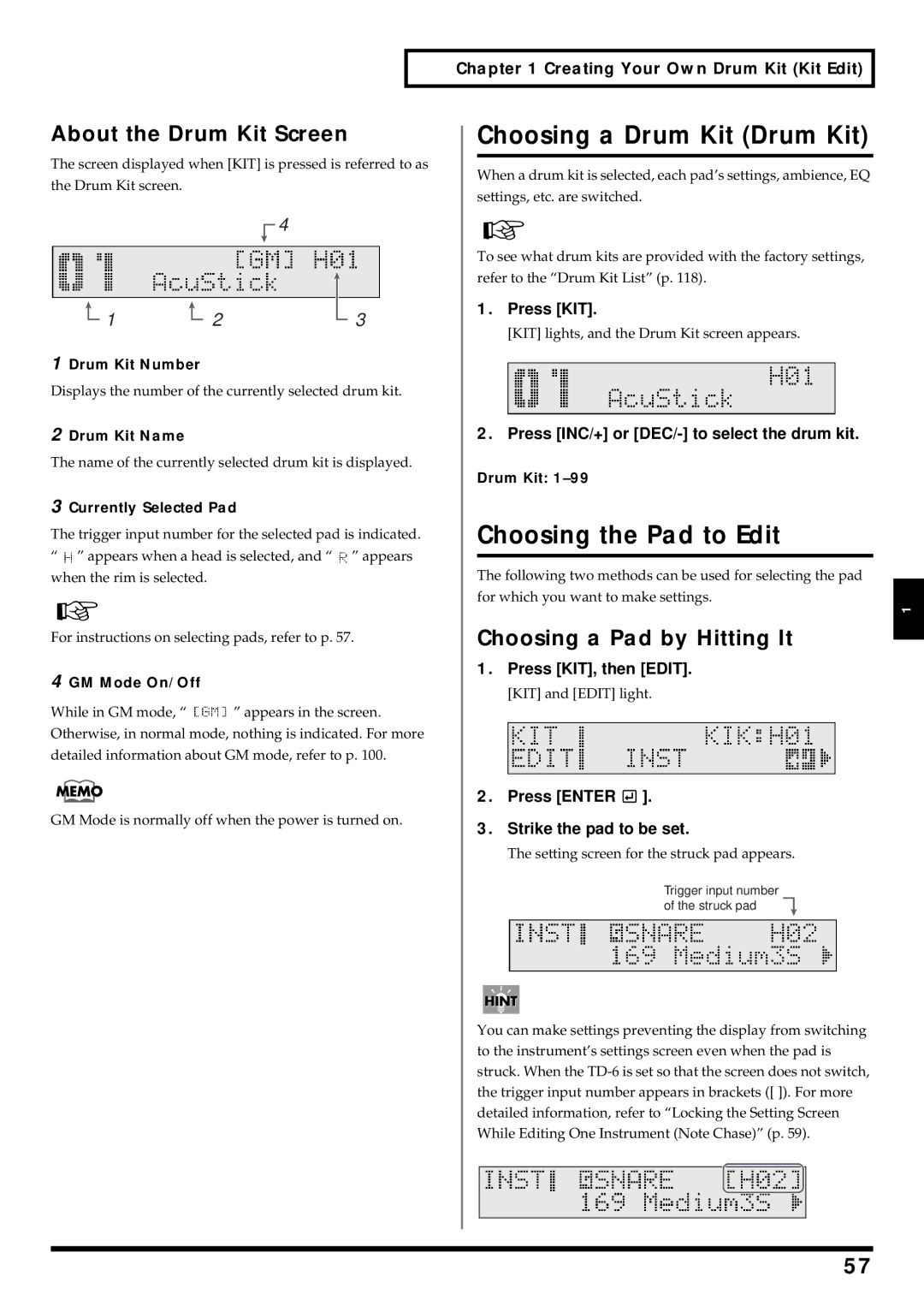 Roland TD-6 owner manual Choosing a Drum Kit Drum Kit, Choosing the Pad to Edit, About the Drum Kit Screen 