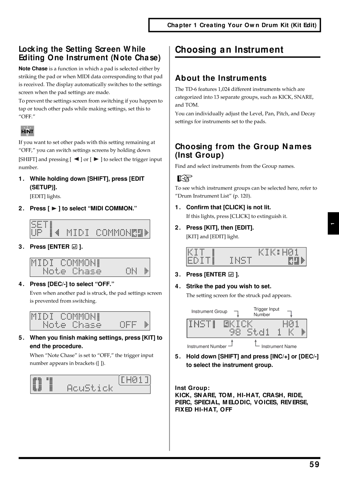 Roland TD-6 owner manual Choosing an Instrument, About the Instruments, Choosing from the Group Names Inst Group 