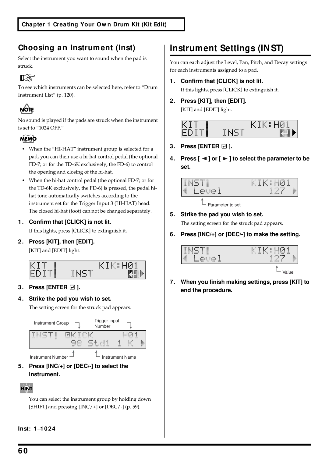 Roland TD-6 Instrument Settings Inst, Choosing an Instrument Inst, Press INC/+ or DEC/- to select the instrument 