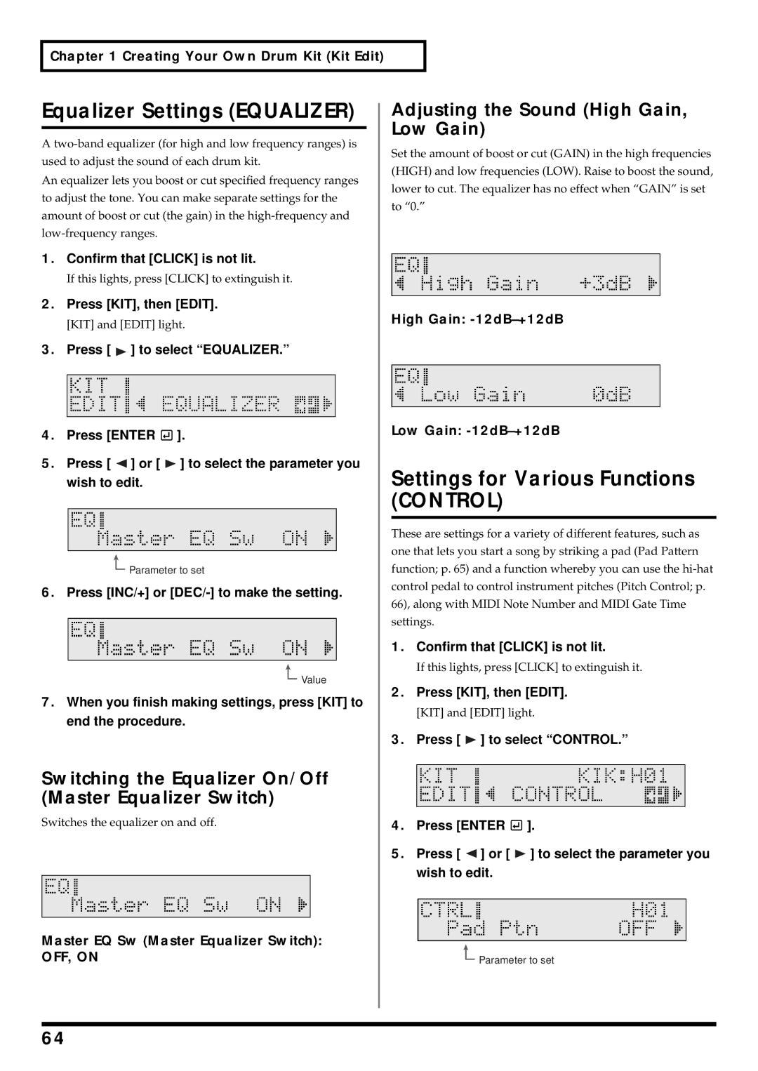 Roland TD-6 Equalizer Settings Equalizer, Settings for Various Functions Control, Adjusting the Sound High Gain, Low Gain 