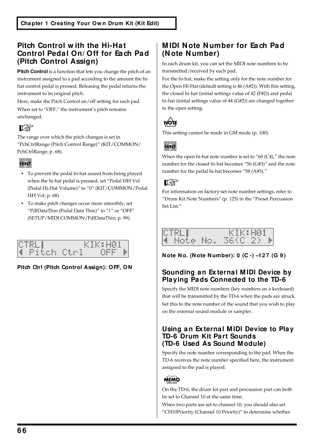 Roland TD-6 owner manual Midi Note Number for Each Pad Note Number, Pitch Ctrl Pitch Control Assign OFF, on 