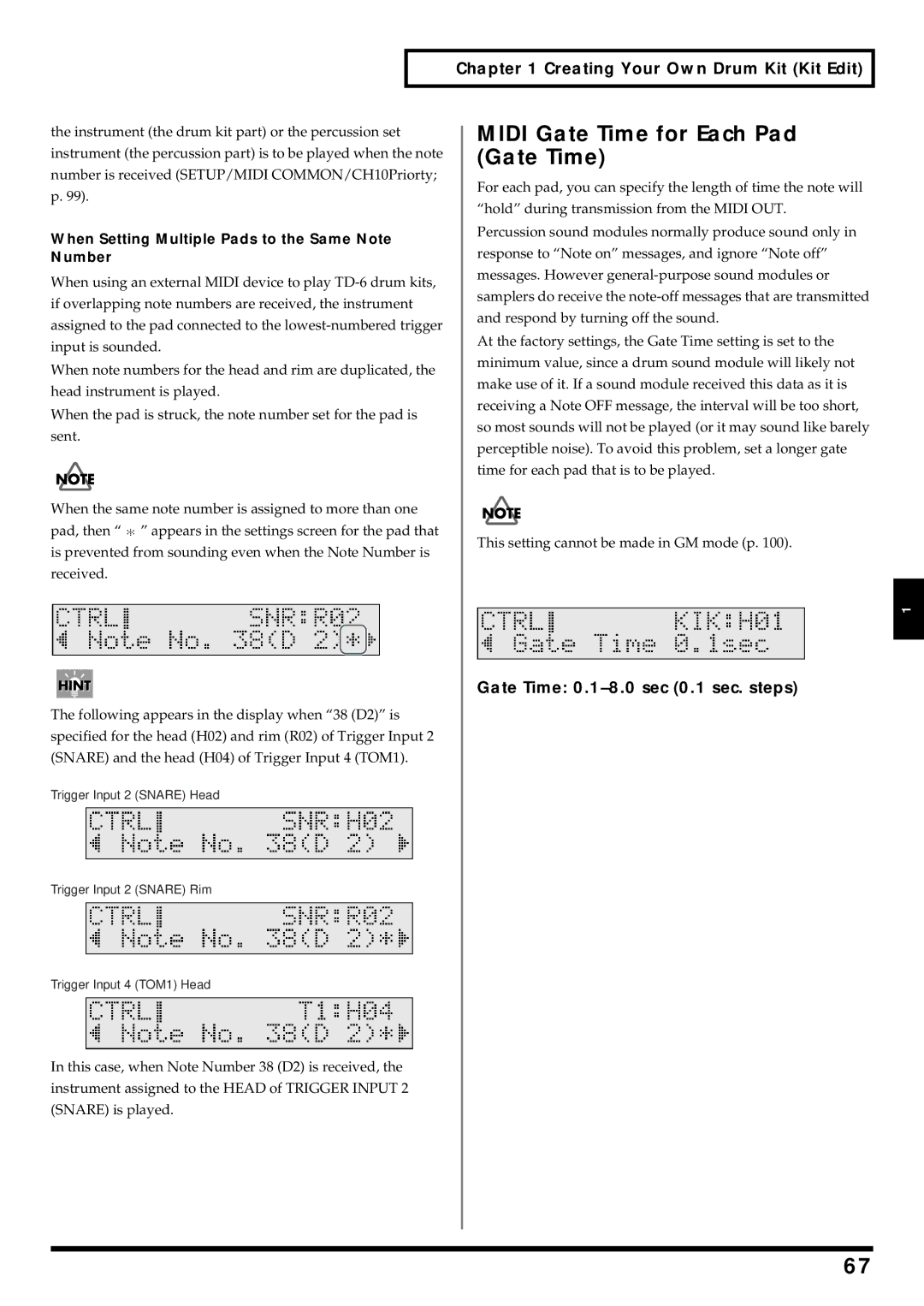 Roland TD-6 owner manual Midi Gate Time for Each Pad Gate Time, Gate Time 0.1-8.0 sec 0.1 sec. steps 