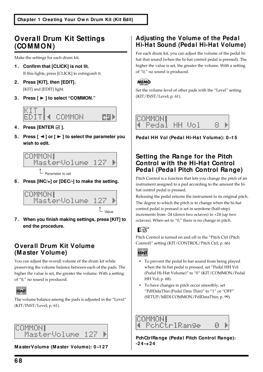 Roland TD-6 Overall Drum Kit Settings Common, Overall Drum Kit Volume Master Volume, Pedal HH Vol Pedal Hi-Hat Volume 