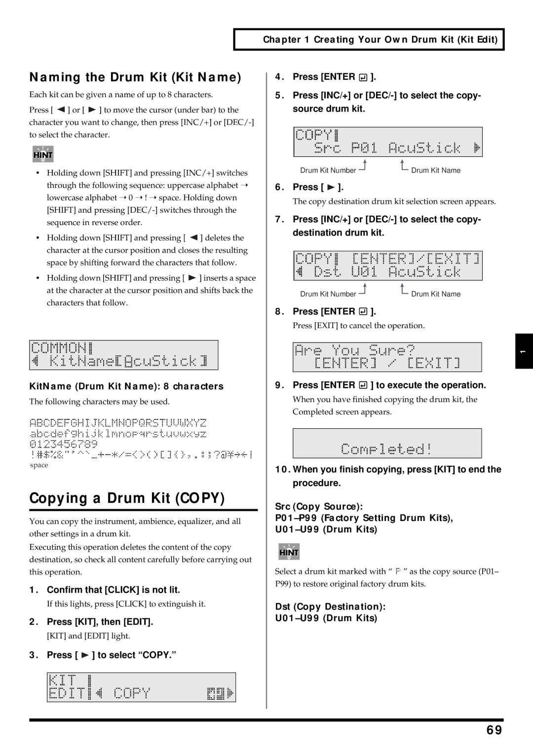 Roland TD-6 owner manual Copying a Drum Kit Copy, Naming the Drum Kit Kit Name, KitName Drum Kit Name 8 characters 