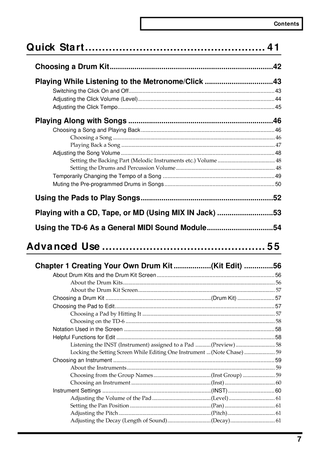 Roland TD-6 owner manual Quick Start, Advanced Use, Playing Along with Songs, Creating Your Own Drum Kit, Contents 