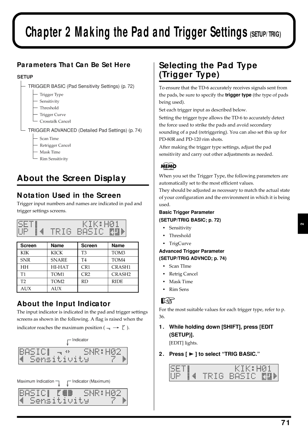 Roland TD-6 owner manual About the Screen Display, Selecting the Pad Type Trigger Type, Notation Used in the Screen 