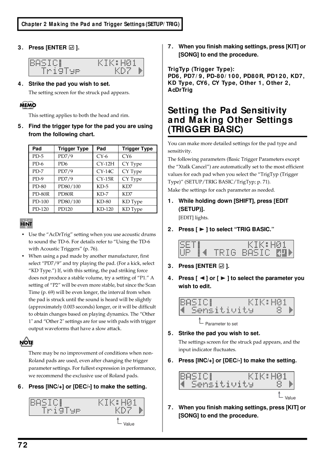 Roland TD-6 owner manual Setting the Pad Sensitivity, Making Other Settings, AcDrTrig 