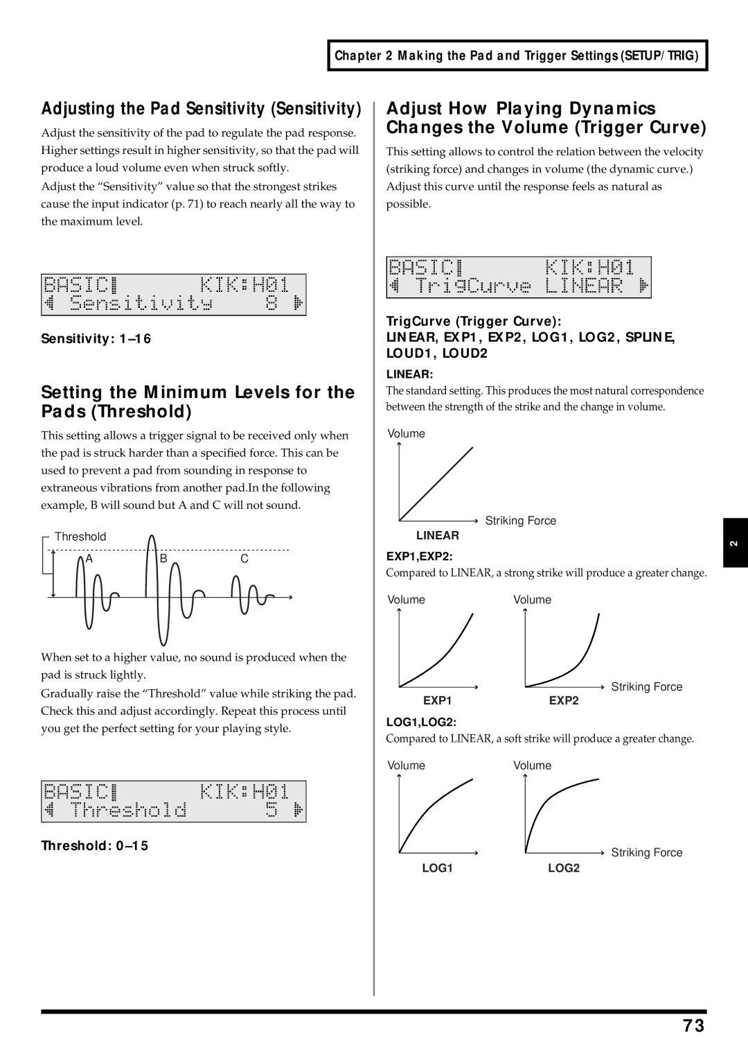 Roland TD-6 owner manual Adjusting the Pad Sensitivity Sensitivity, Setting the Minimum Levels for the Pads Threshold 