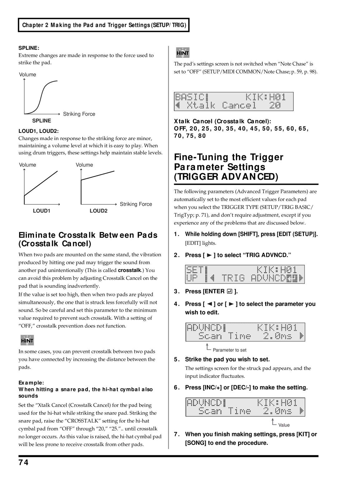 Roland TD-6 owner manual Fine-Tuning the Trigger Parameter Settings, Eliminate Crosstalk Between Pads Crosstalk Cancel 