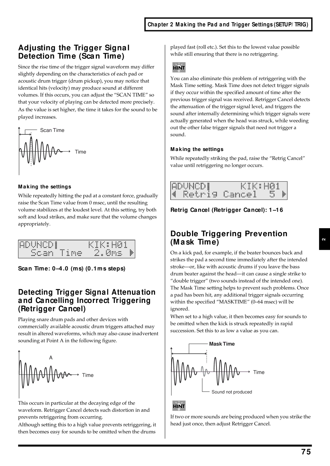 Roland TD-6 owner manual Adjusting the Trigger Signal Detection Time Scan Time, Double Triggering Prevention Mask Time 