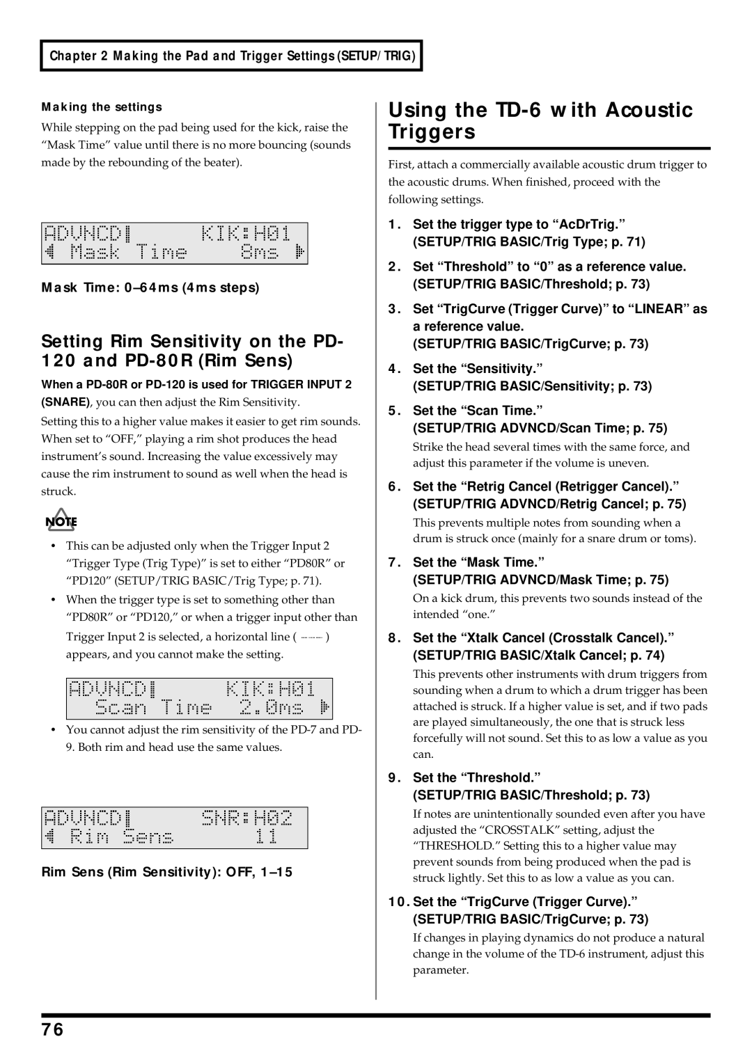 Roland owner manual Using the TD-6 with Acoustic Triggers, Setting Rim Sensitivity on the PD- 120 and PD-80R Rim Sens 