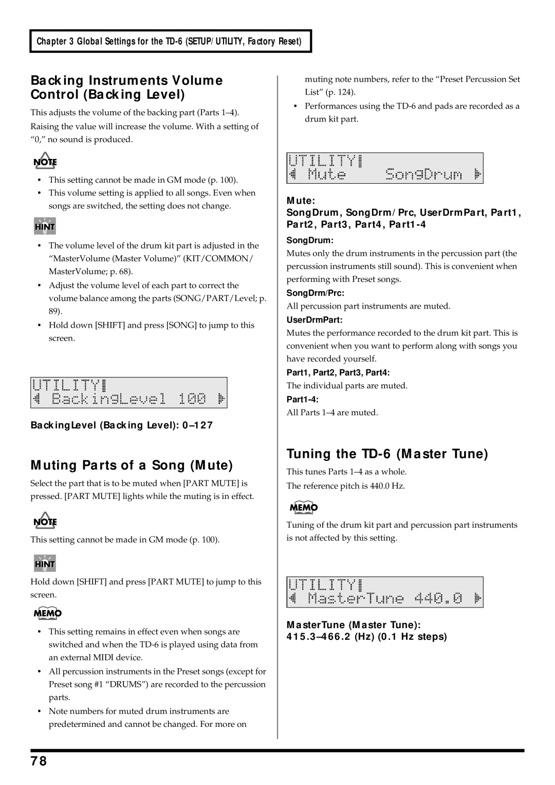 Roland Backing Instruments Volume, Control Backing Level, Muting Parts of a Song Mute Tuning the TD-6 Master Tune 