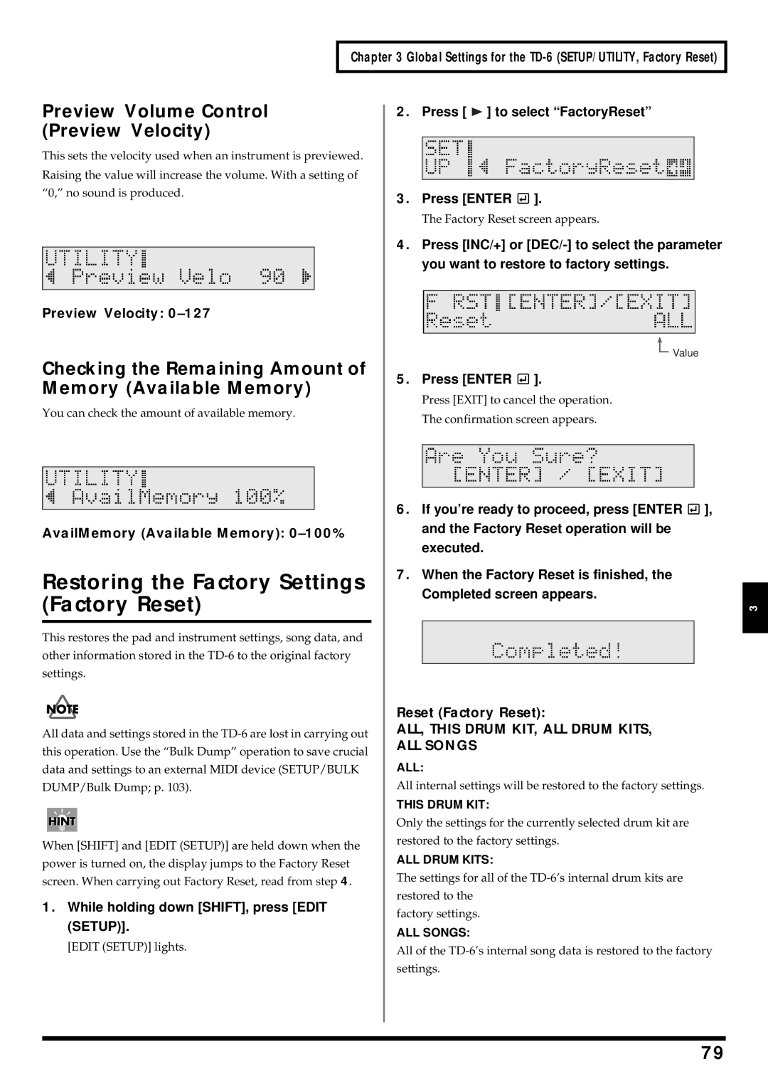 Roland TD-6 owner manual Restoring the Factory Settings Factory Reset, Preview Volume Control Preview Velocity 