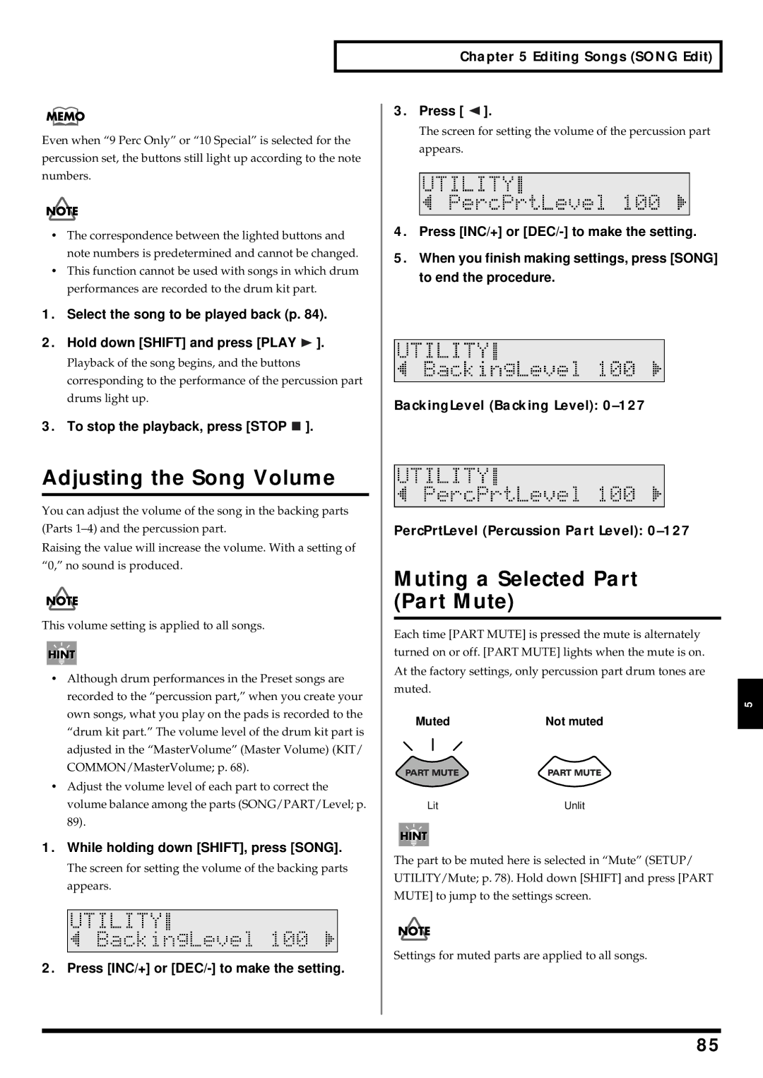 Roland TD-6 owner manual Adjusting the Song Volume, Muting a Selected Part, Part Mute 