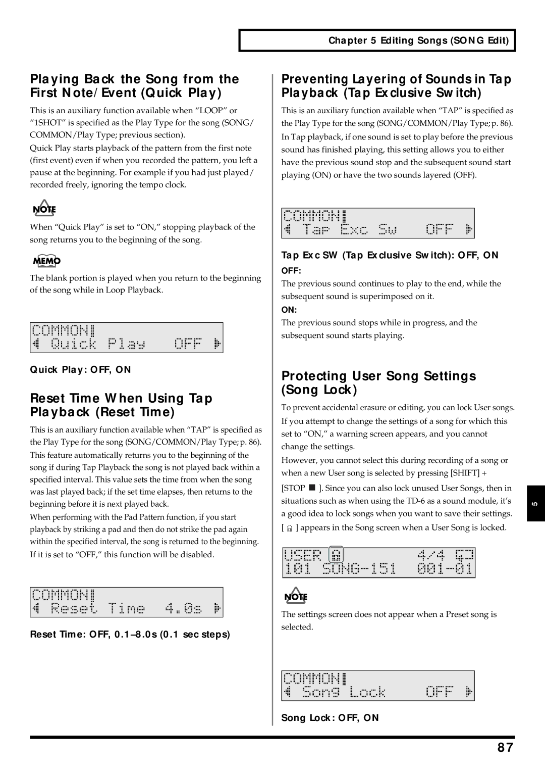 Roland TD-6 Playing Back the Song from the First Note/Event Quick Play, Reset Time When Using Tap Playback Reset Time 