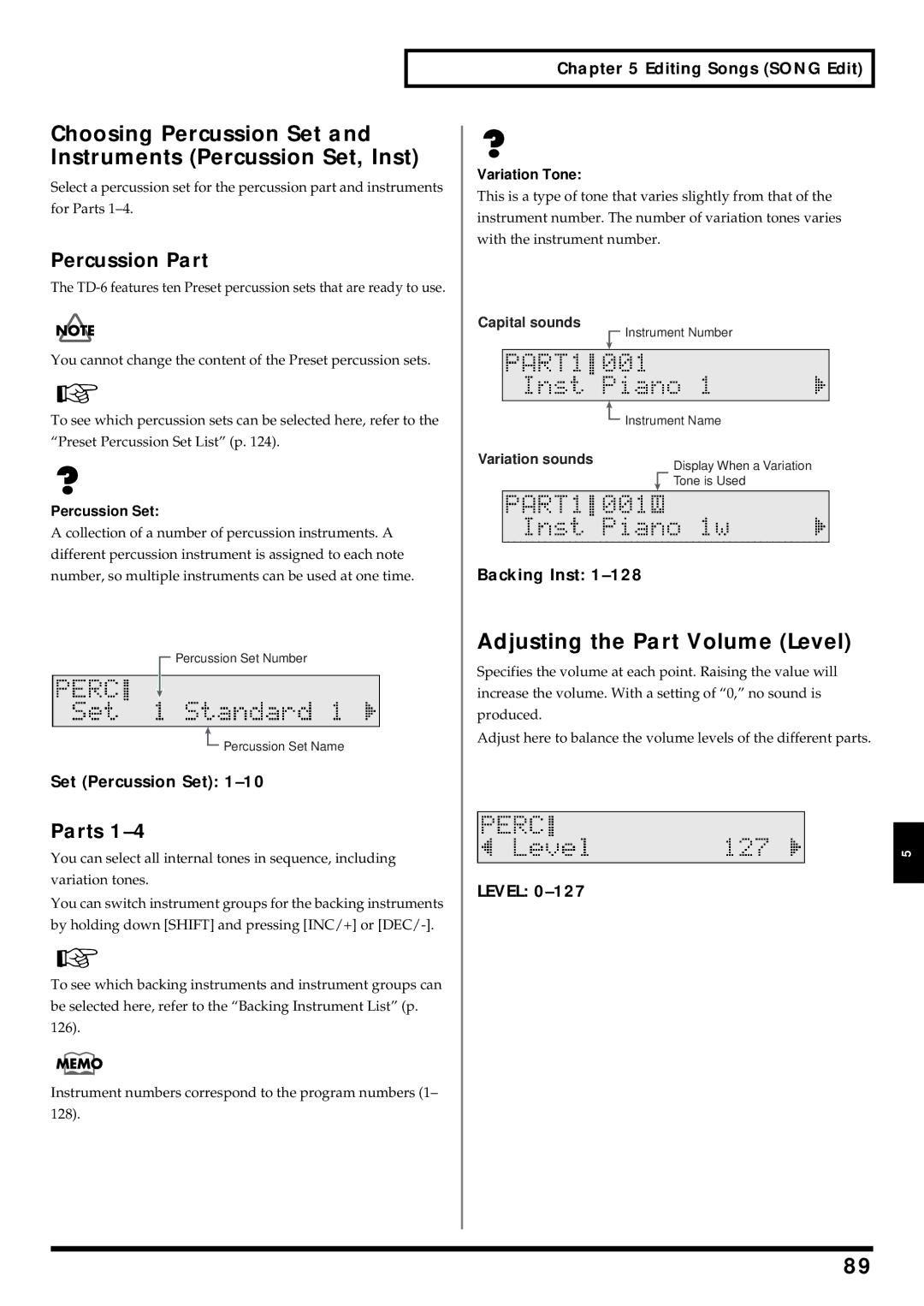 Roland TD-6 owner manual Adjusting the Part Volume Level, Set Percussion Set, Backing Inst, Variation Tone 