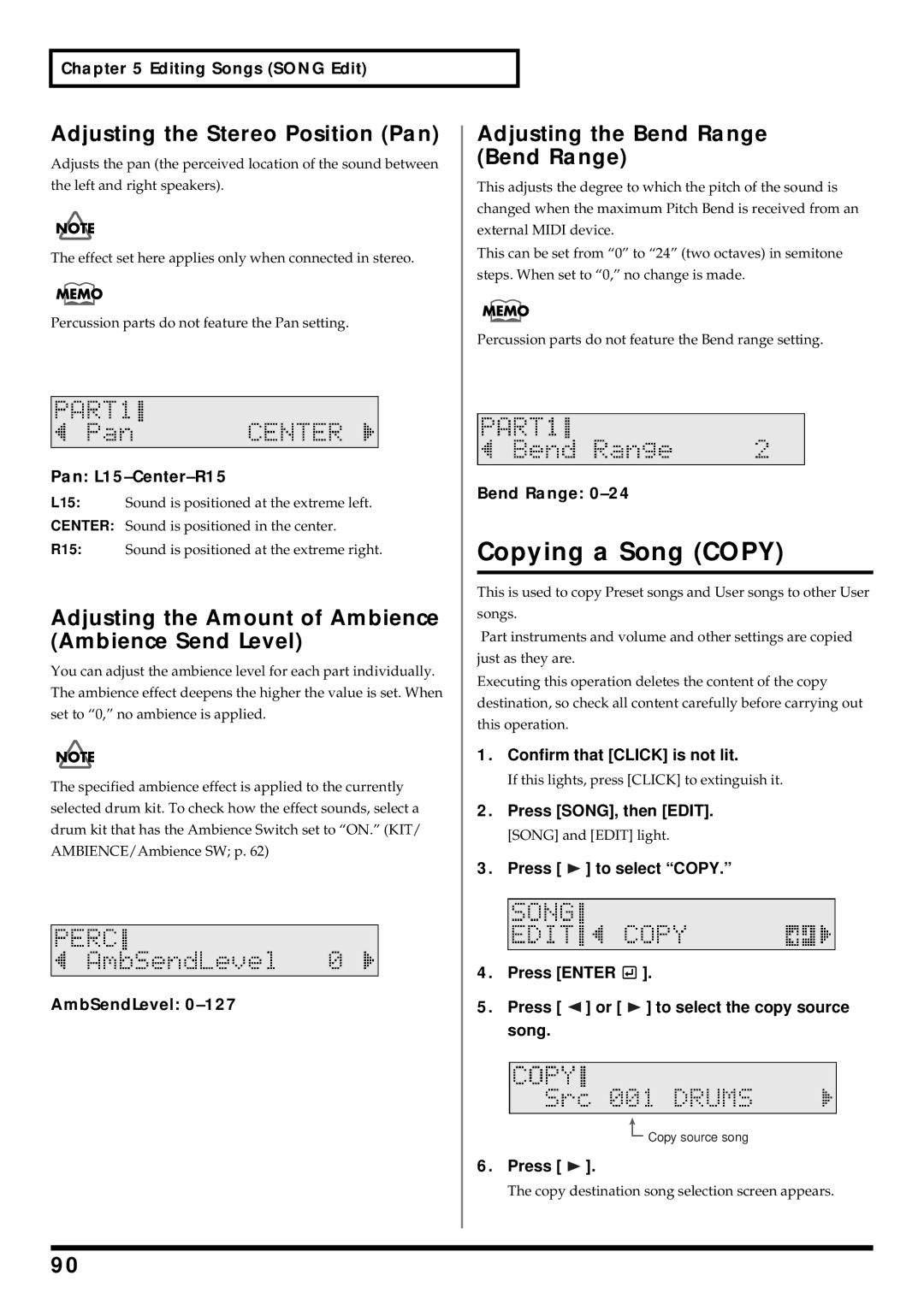 Roland TD-6 Copying a Song Copy, Adjusting the Stereo Position Pan, Adjusting the Amount of Ambience Ambience Send Level 