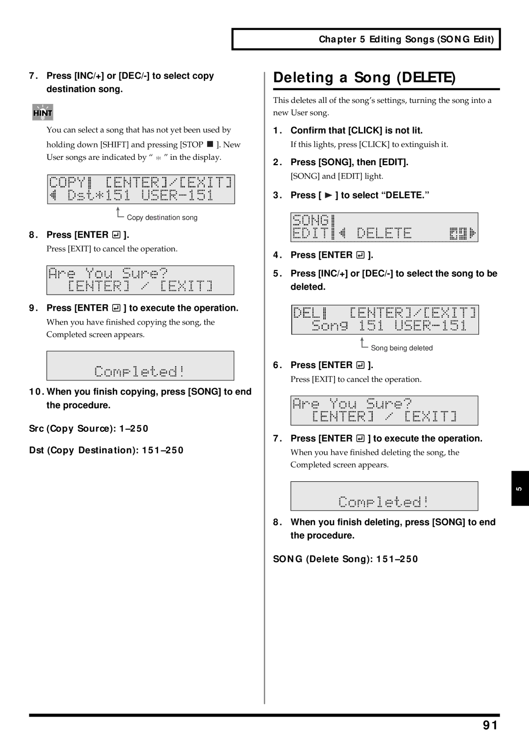 Roland TD-6 owner manual Deleting a Song Delete 