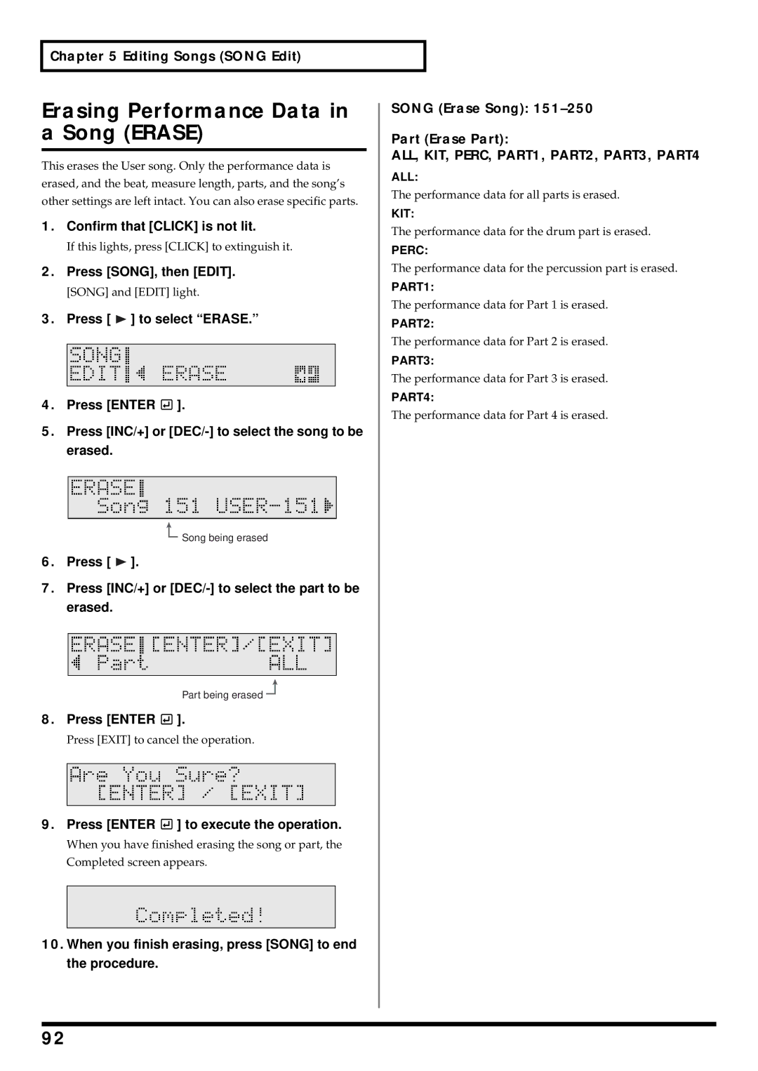 Roland TD-6 owner manual Erasing Performance Data, Song Erase Song, Part Erase Part 