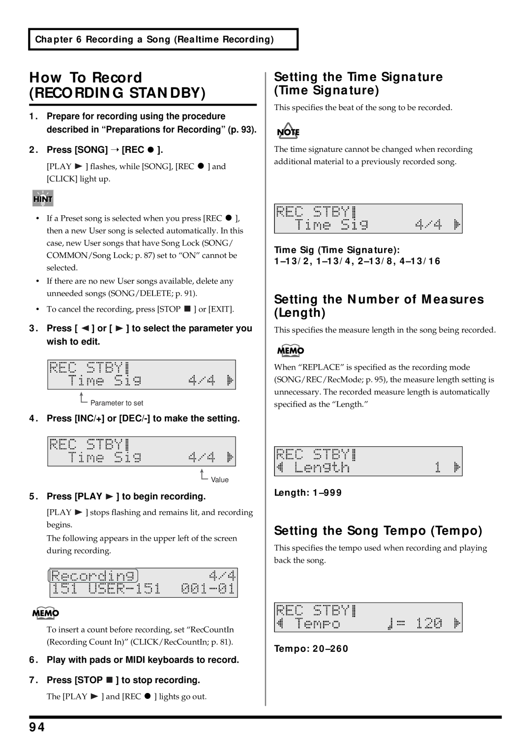 Roland TD-6 owner manual How To Record, Setting the Number of Measures Length, Setting the Song Tempo Tempo 