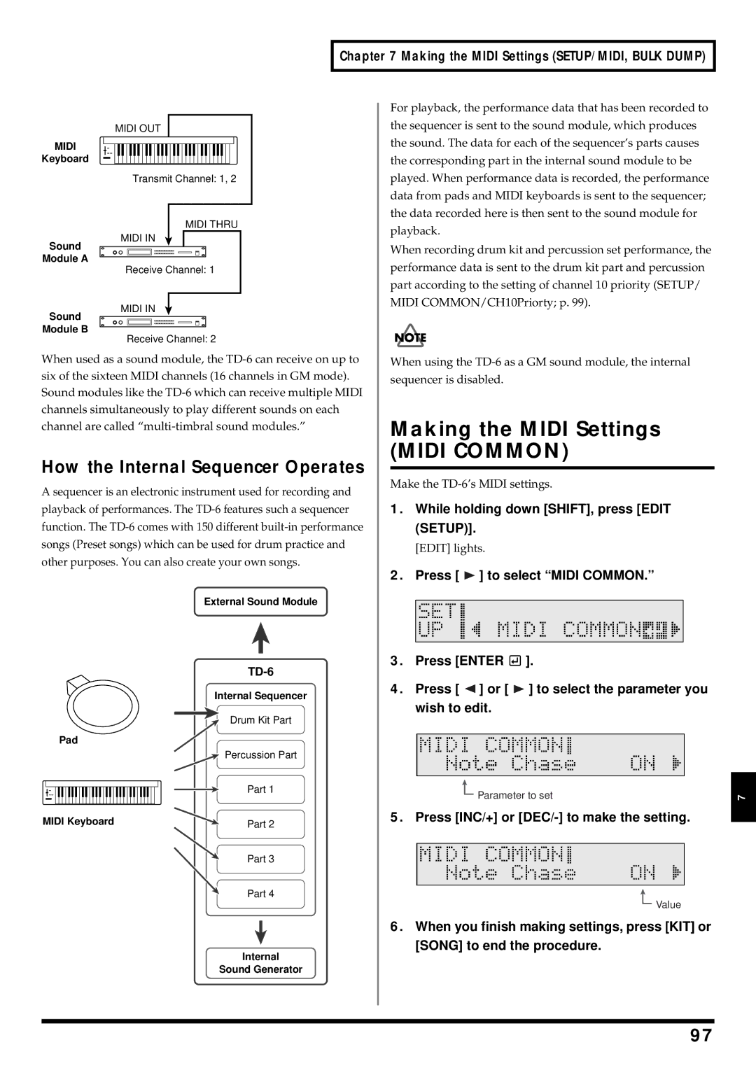 Roland TD-6 owner manual How the Internal Sequencer Operates, Making the Midi Settings SETUP/MIDI, Bulk Dump 