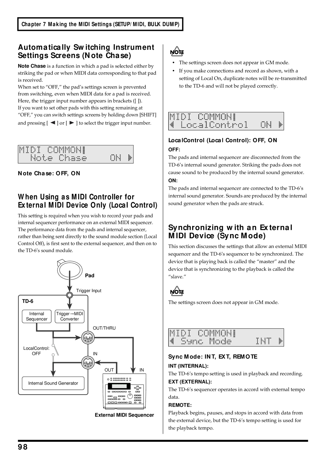 Roland TD-6 owner manual Synchronizing with an External Midi Device Sync Mode, LocalControl Local Control OFF, on, Pad 