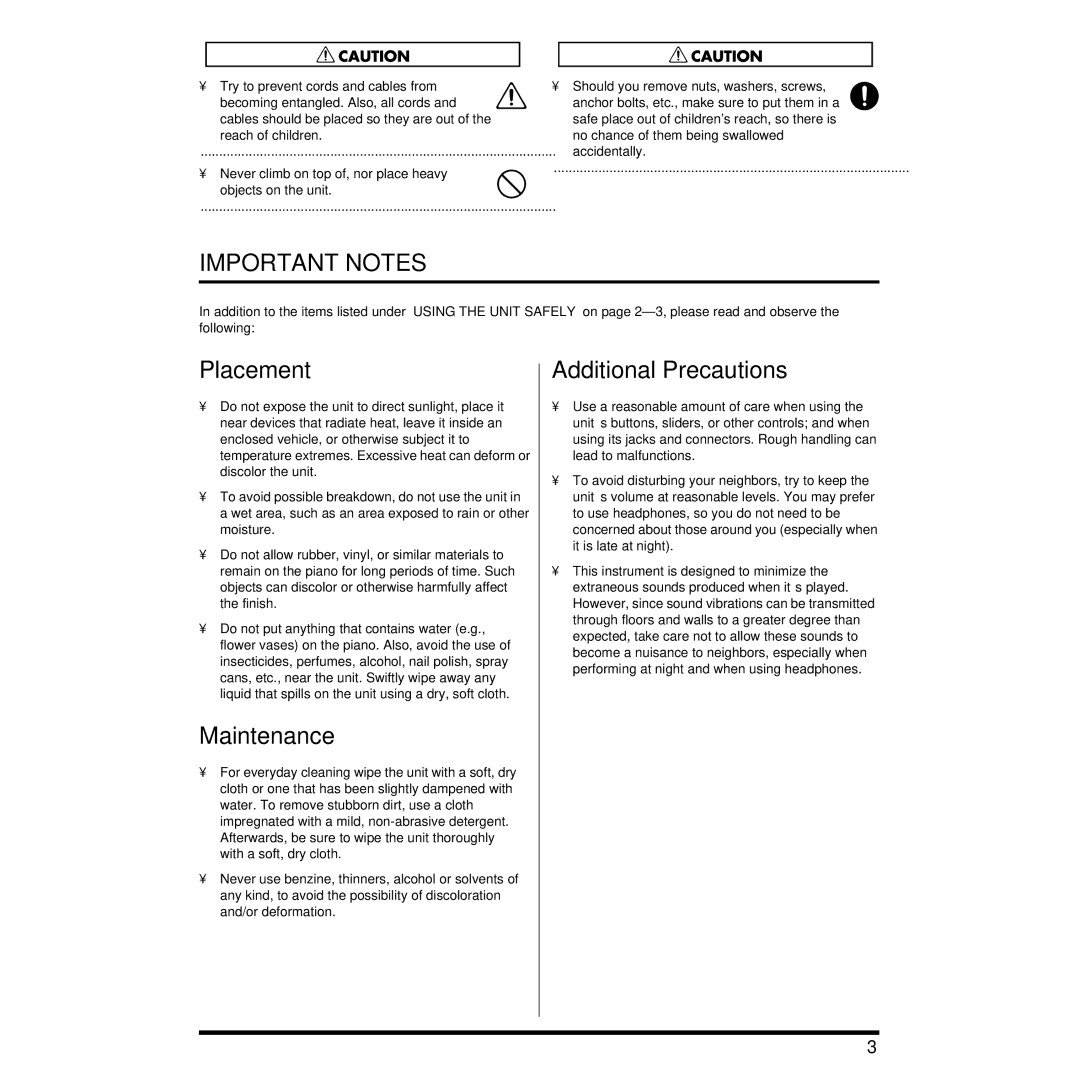 Roland TD-6K manual Placement, Maintenance, Additional Precautions 