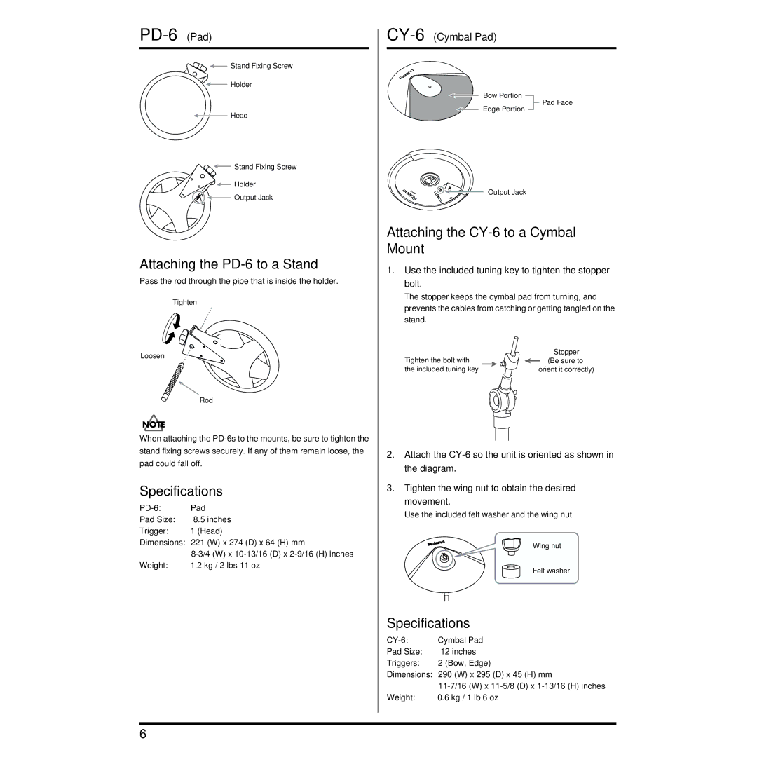 Roland TD-6K manual PD-6 Pad, Attaching the PD-6 to a Stand 