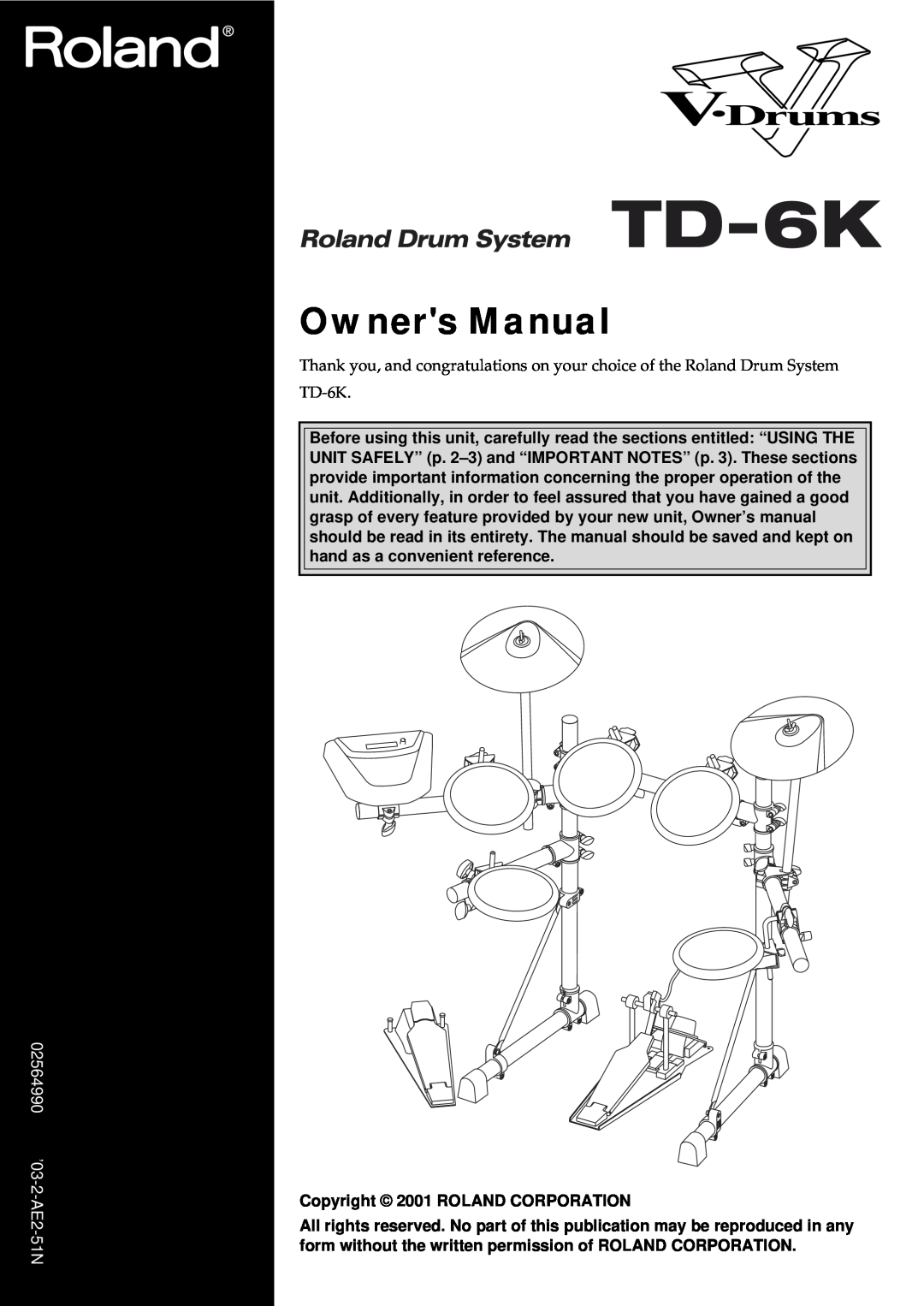 Roland TD-6K manual Owners Manual, 02564990 ’03-2-AE2-51N 