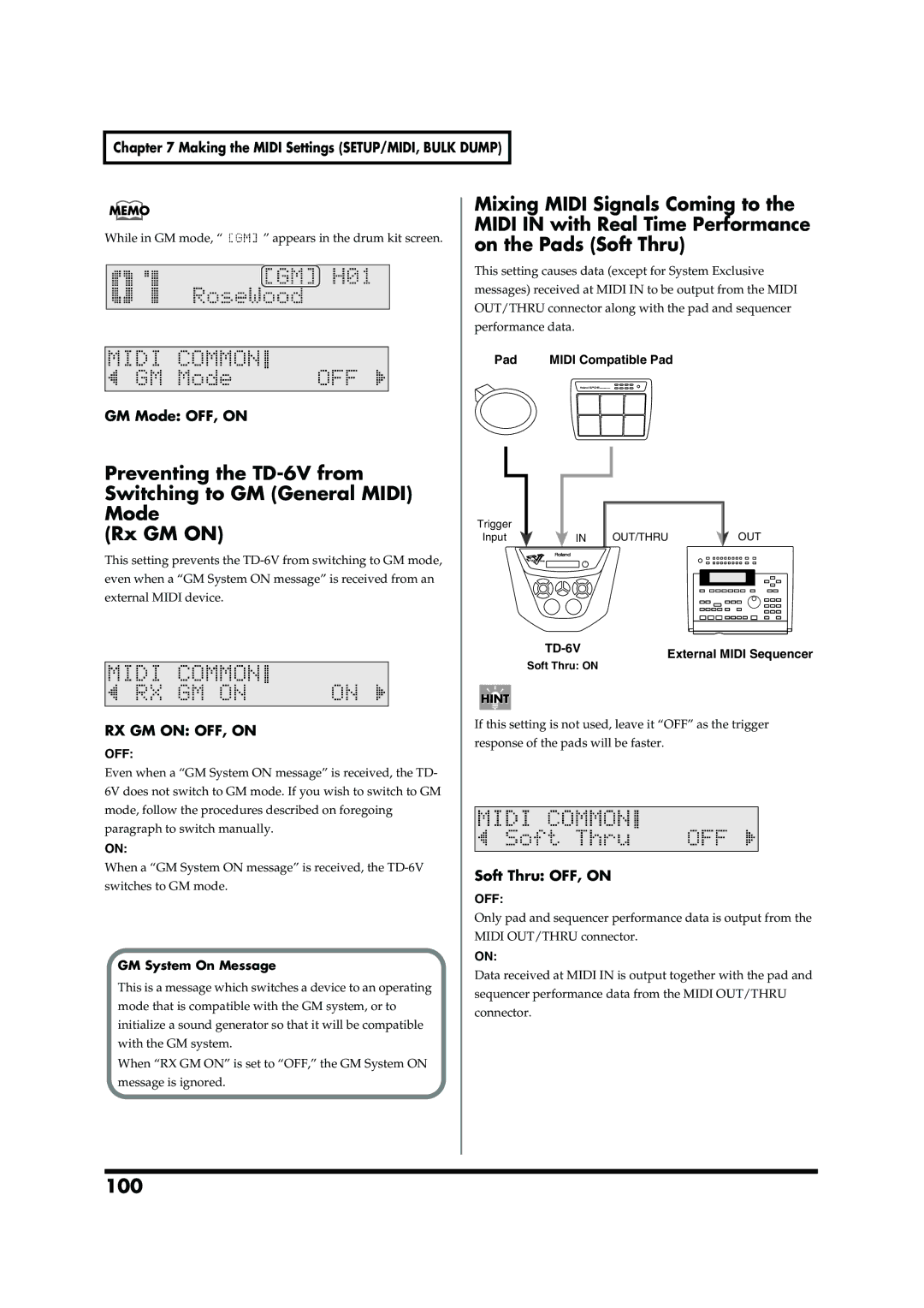 Roland TD-6V owner manual 100, GM Mode OFF, on, Soft Thru OFF, on 