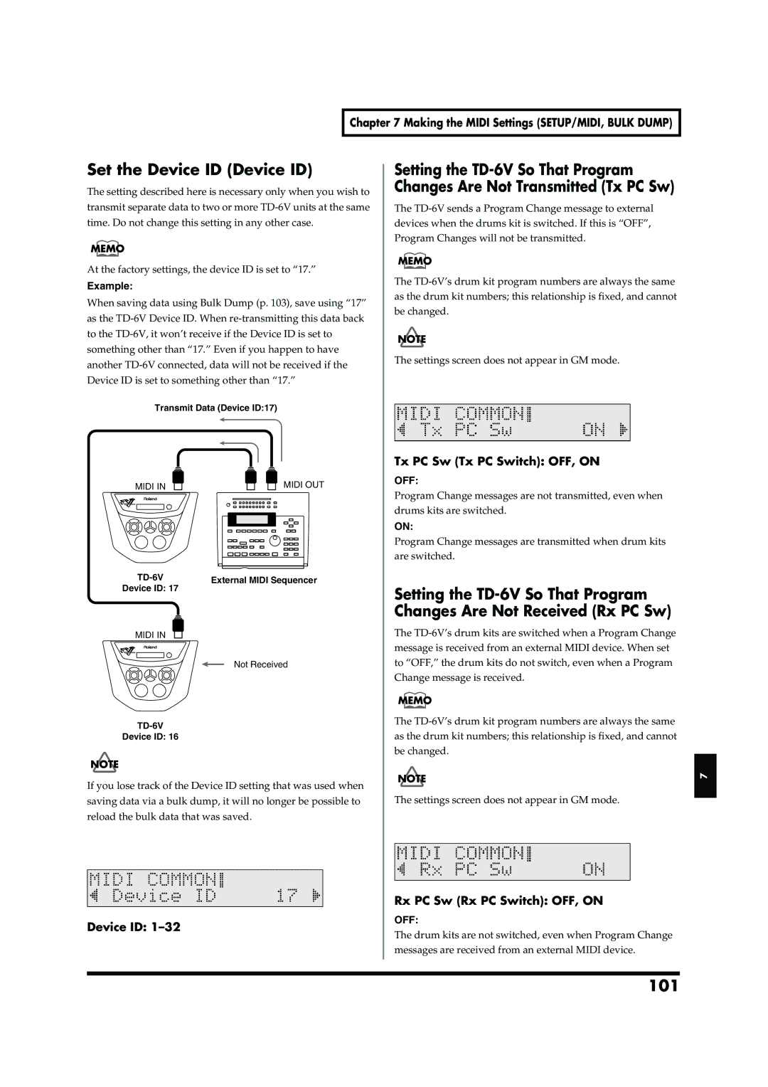 Roland TD-6V owner manual Set the Device ID Device ID, 101, Tx PC Sw Tx PC Switch OFF, on, Rx PC Sw Rx PC Switch OFF, on 