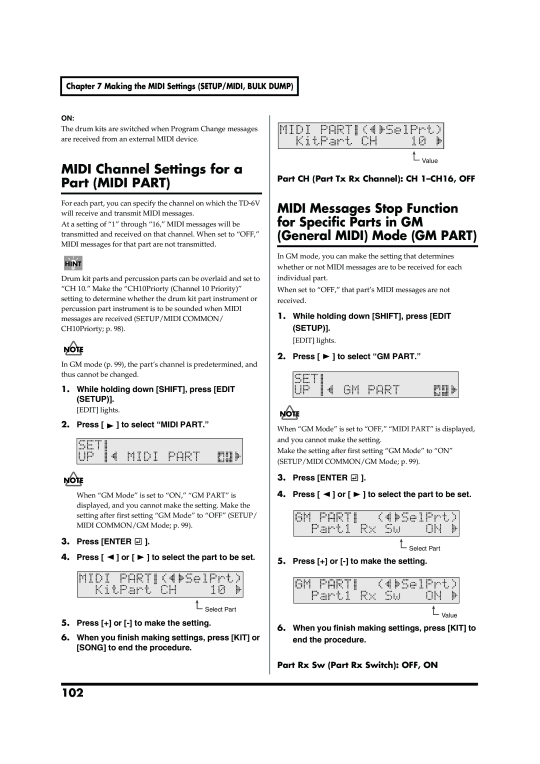 Roland TD-6V owner manual Midi Channel Settings for a Part Midi Part, 102, Part CH Part Tx Rx Channel CH 1-CH16, OFF 