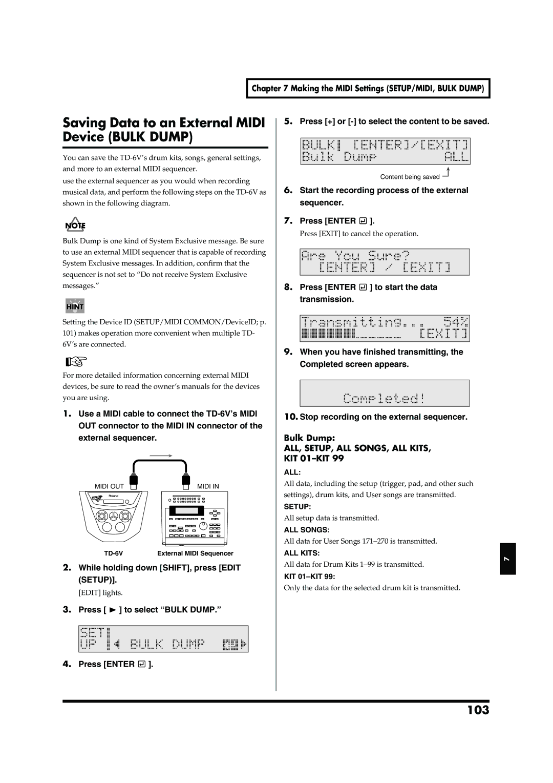 Roland TD-6V Saving Data to an External Midi Device Bulk Dump, 103, Press Enter to start the data Transmission, KIT 01-KIT 