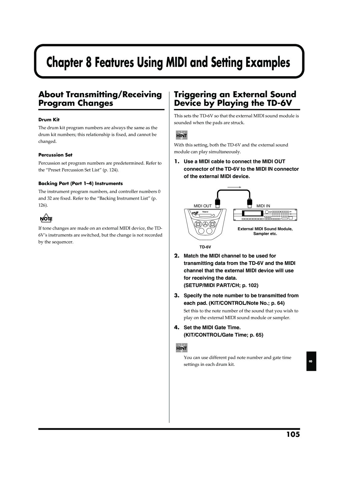 Roland About Transmitting/Receiving Program Changes, Triggering an External Sound Device by Playing the TD-6V, 105 