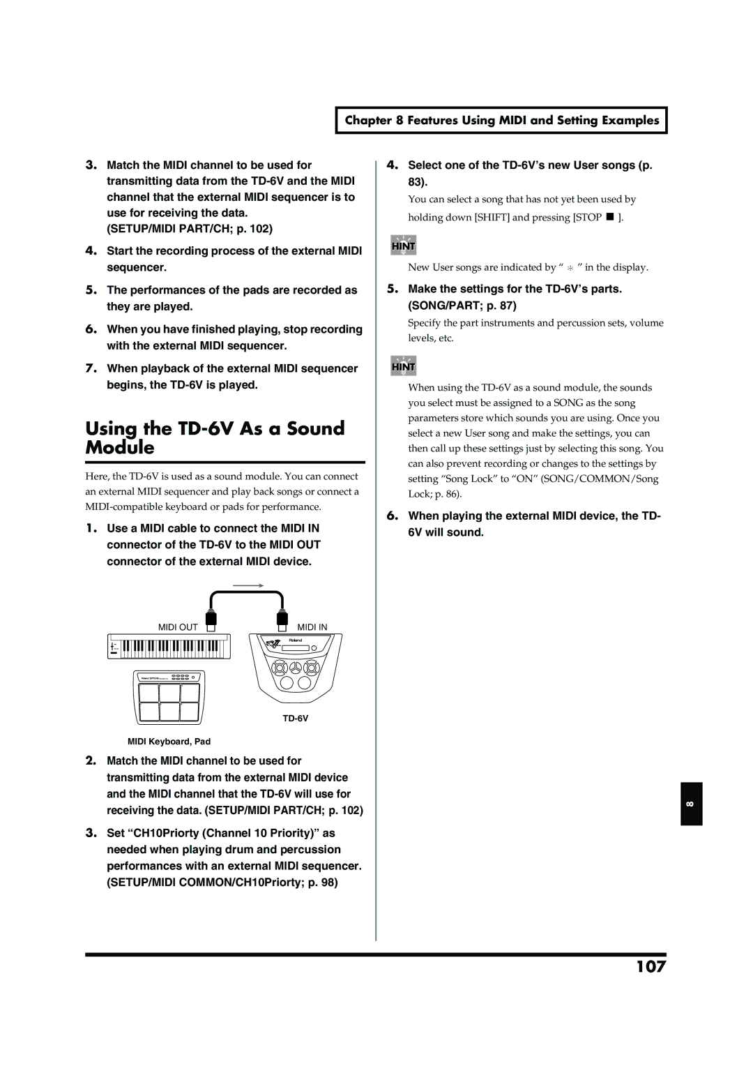 Roland owner manual Using the TD-6V As a Sound, Module, 107 