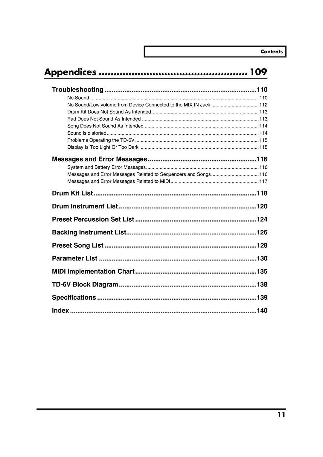 Roland TD-6V owner manual Appendices 109, Troubleshooting 110, Messages and Error Messages 116 