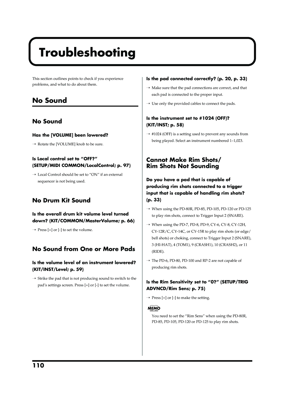 Roland TD-6V owner manual Troubleshooting, No Sound 