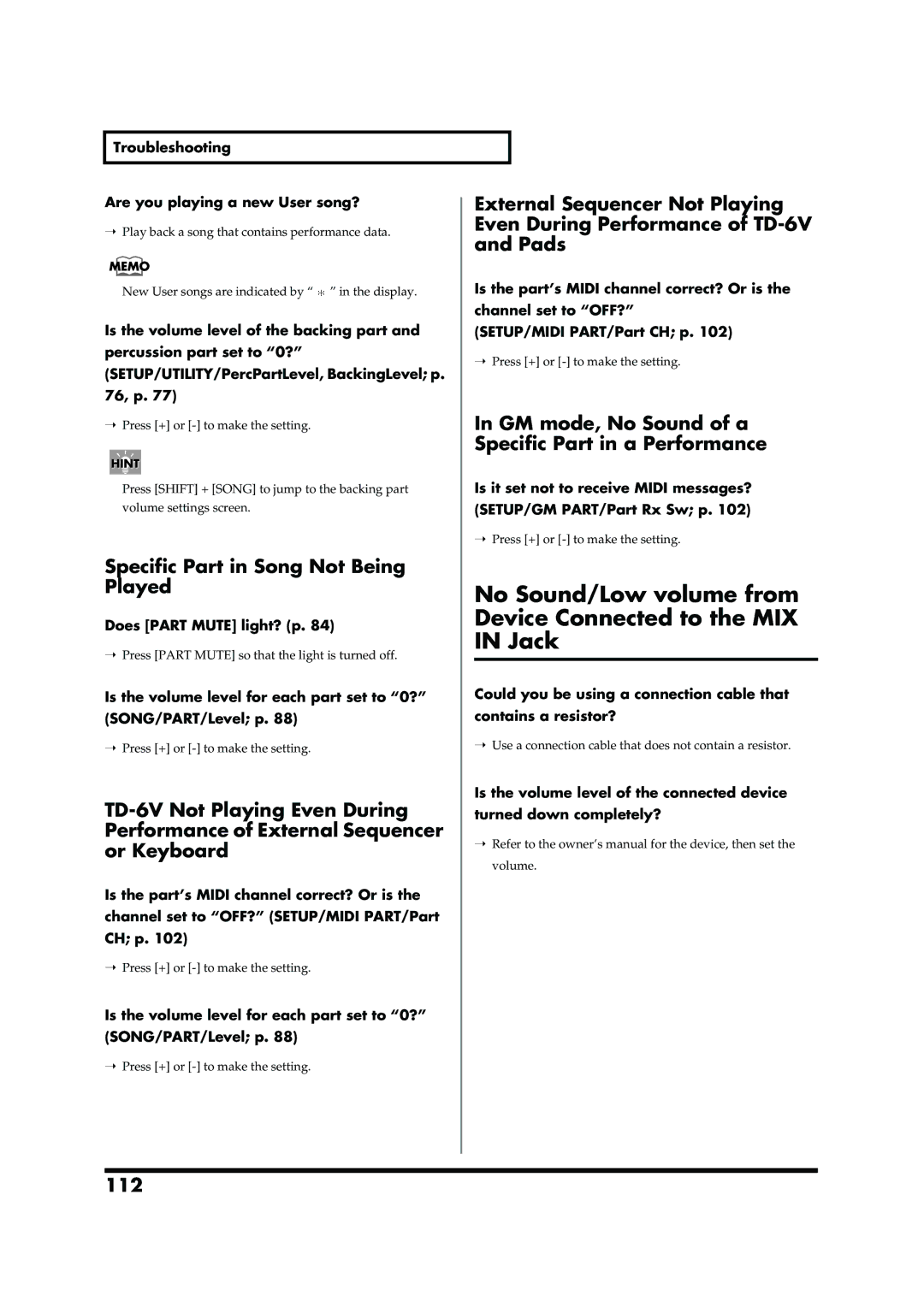 Roland TD-6V owner manual No Sound/Low volume from, Device Connected to the MIX, Jack 