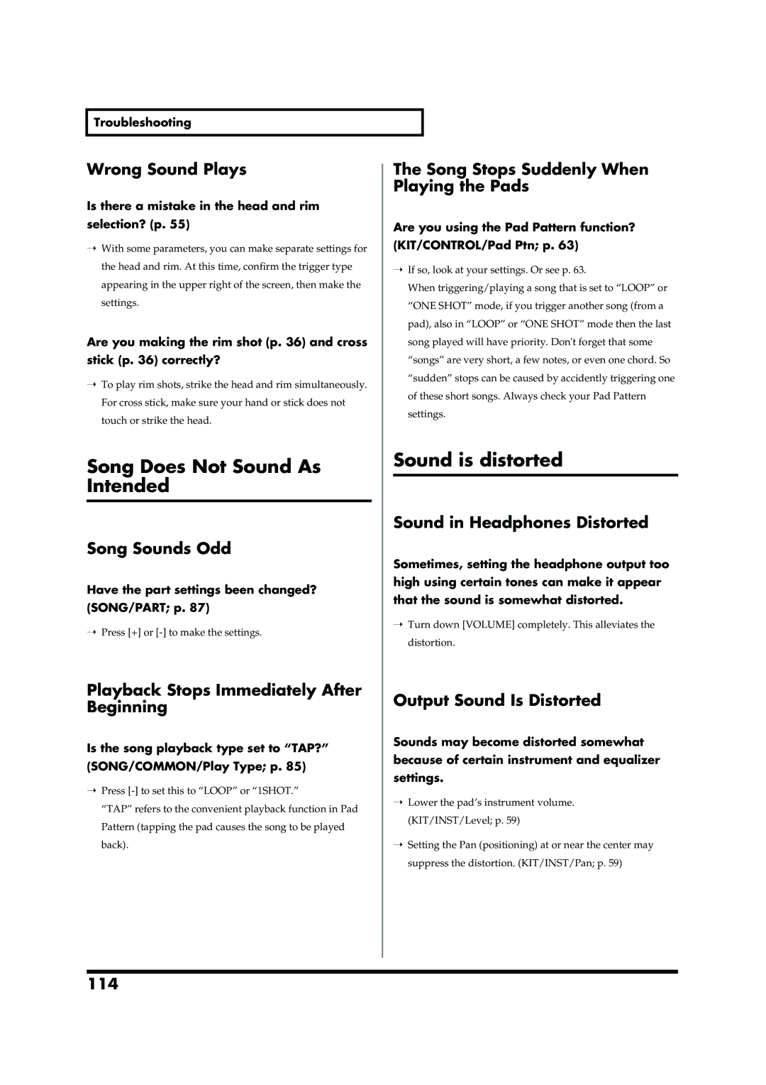 Roland TD-6V owner manual Song Does Not Sound As Intended, Sound is distorted 