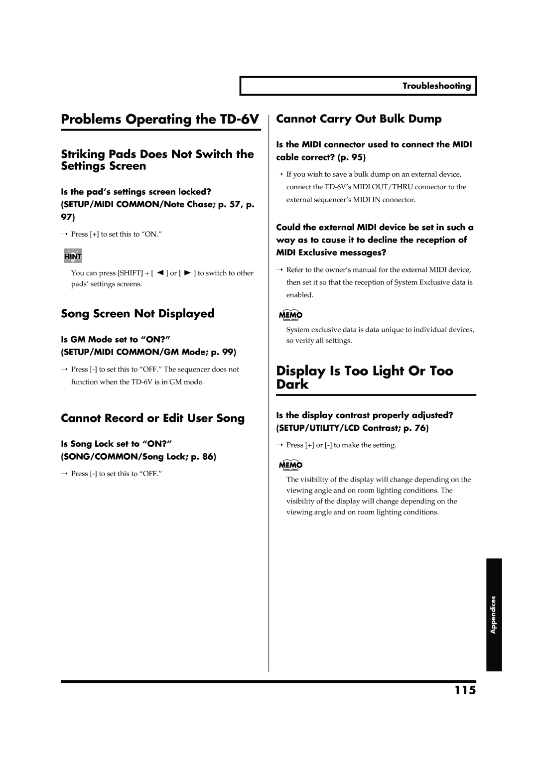 Roland owner manual Problems Operating the TD-6V, Display Is Too Light Or Too Dark 