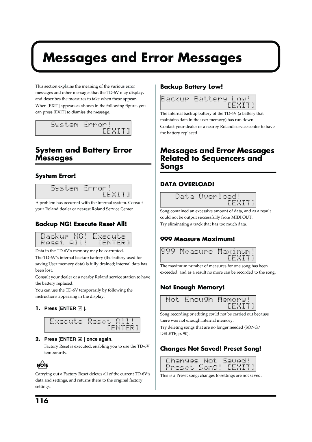 Roland TD-6V Messages and Error Messages, System and Battery Error Messages, 116, Press Enter Press Enter once again 