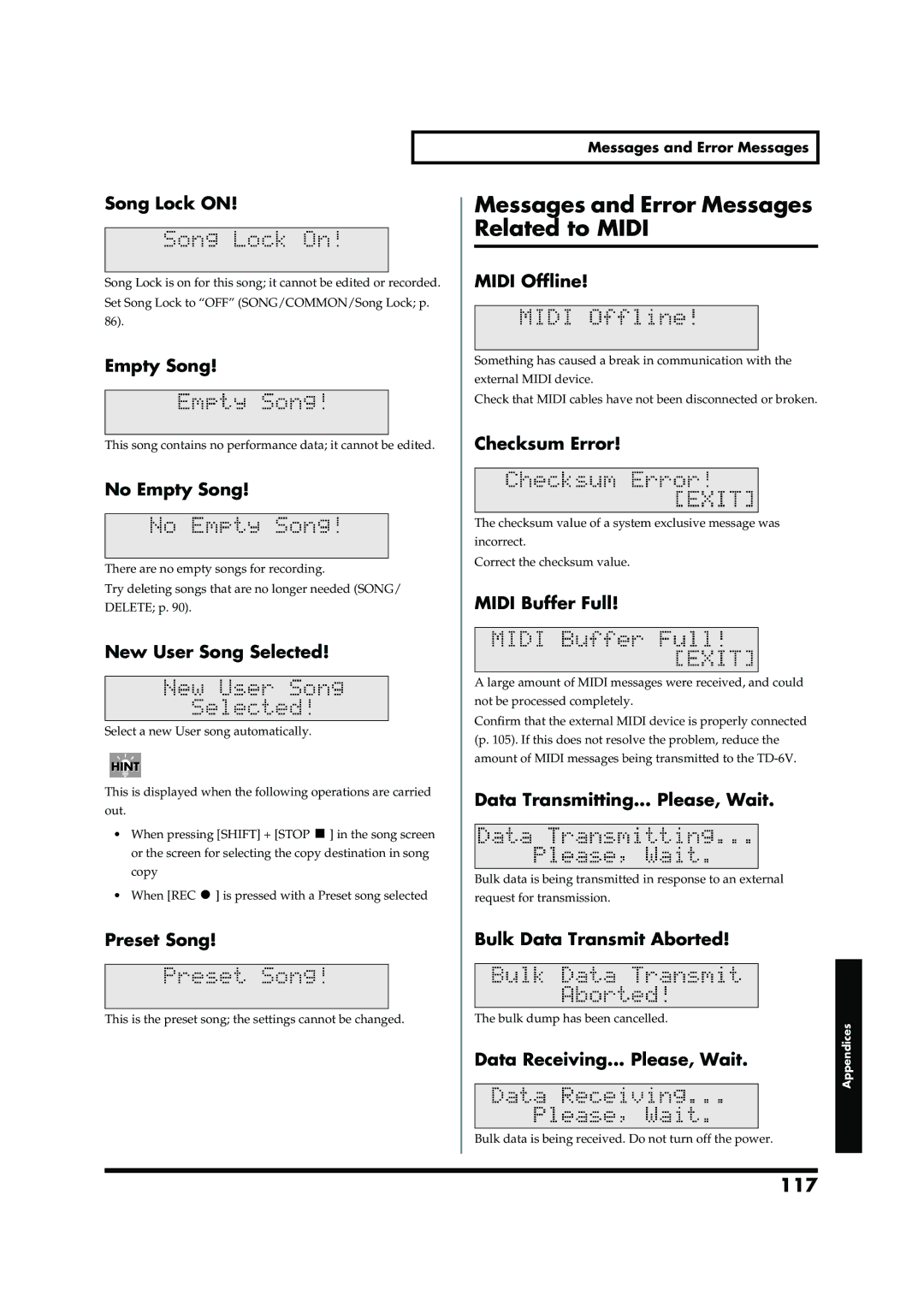 Roland TD-6V owner manual Messages and Error Messages Related to Midi, 117 