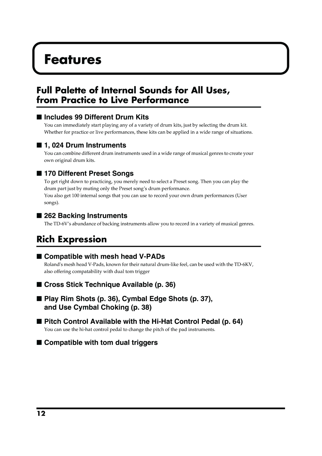 Roland TD-6V owner manual Features, Rich Expression 