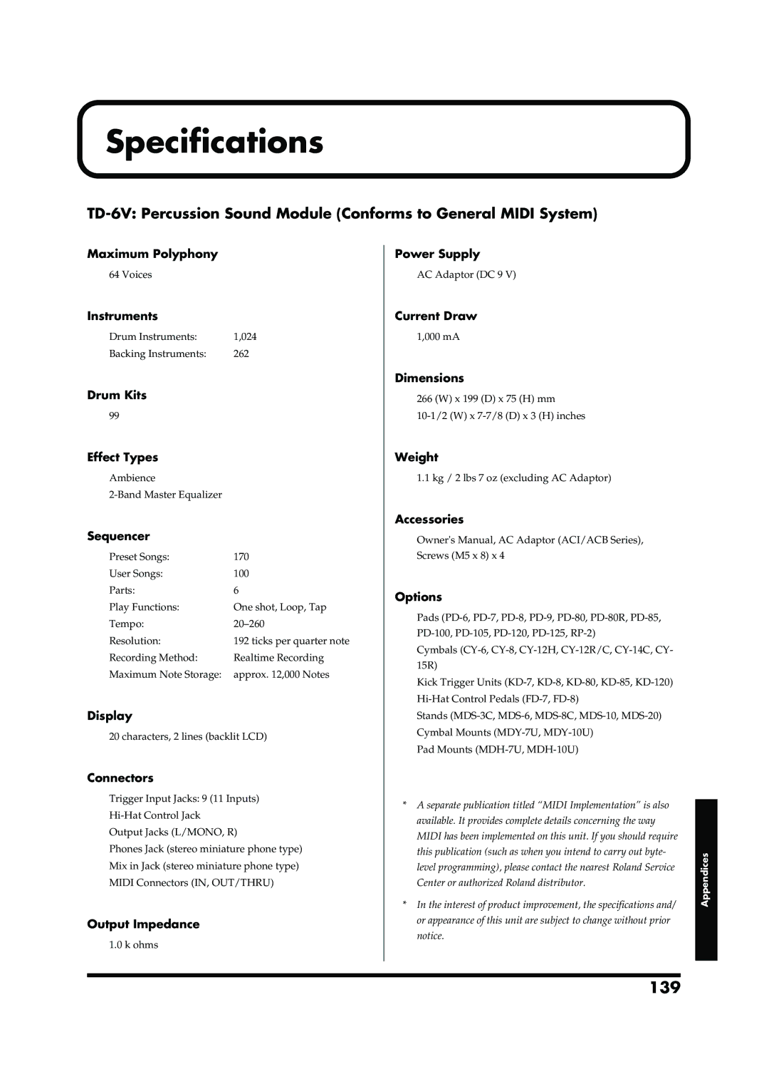 Roland TD-6V owner manual Specifications, 139 