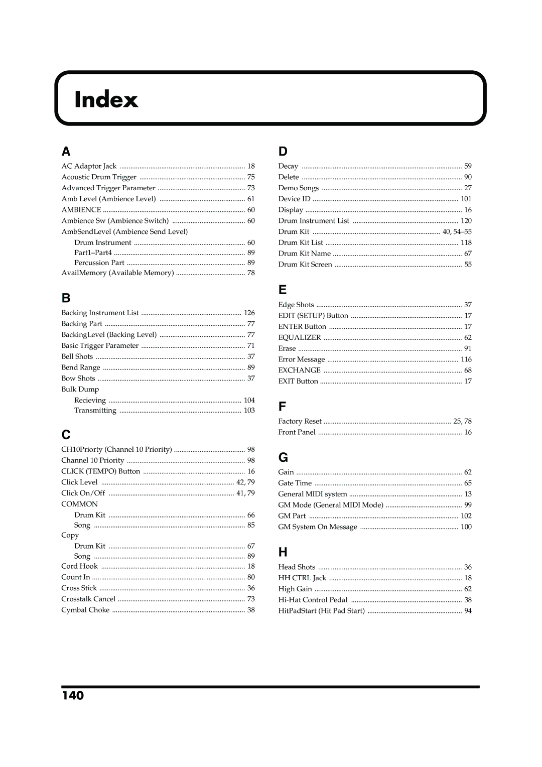 Roland TD-6V owner manual Index, 140 