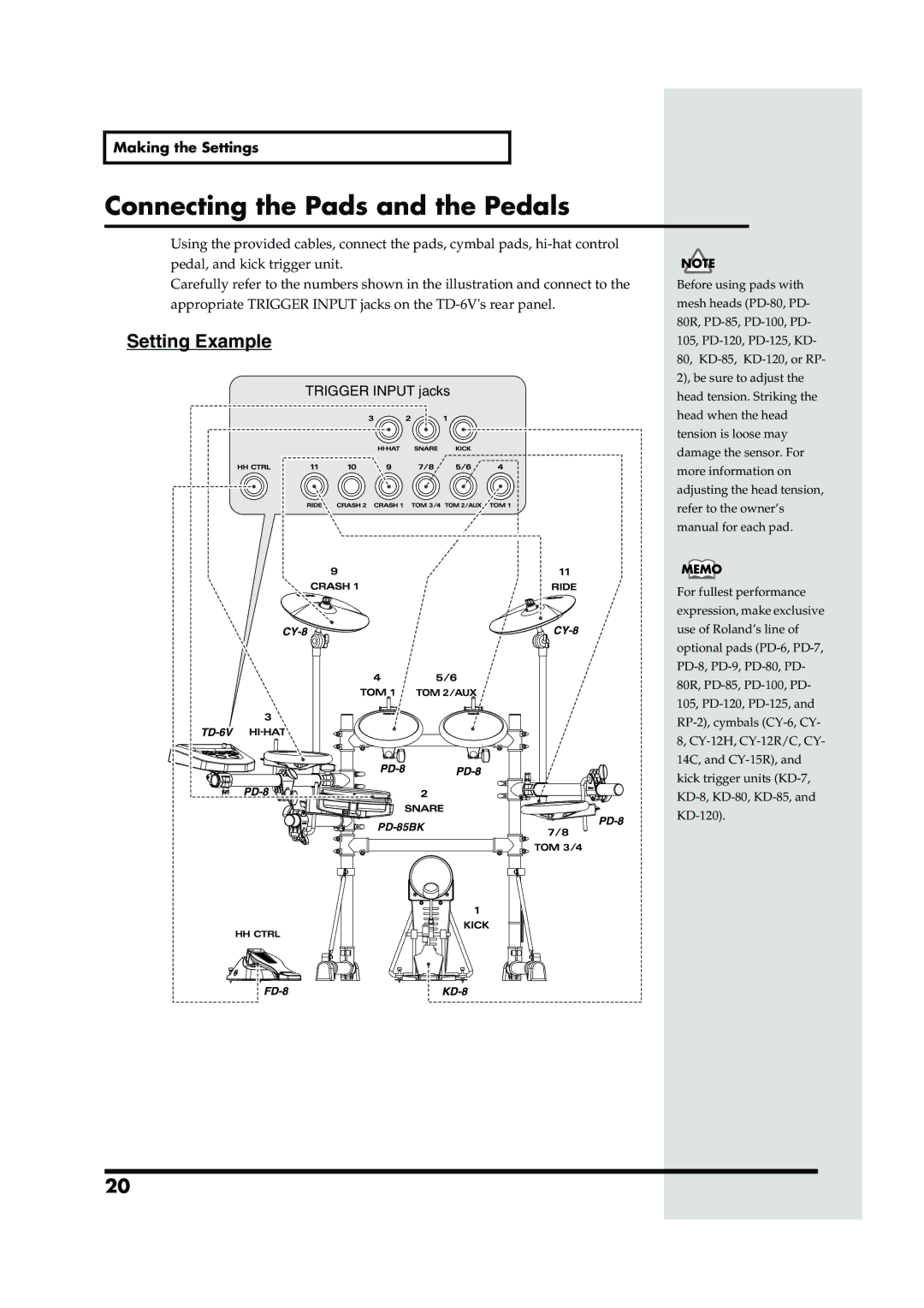 Roland TD-6V owner manual Connecting the Pads and the Pedals, Setting Example, Making the Settings 