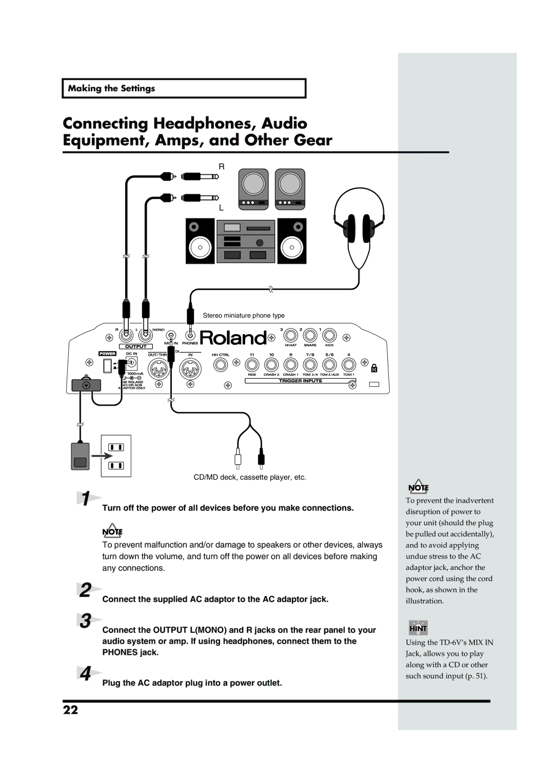 Roland TD-6V owner manual Any connections, Connect the supplied AC adaptor to the AC adaptor jack, Phones jack 