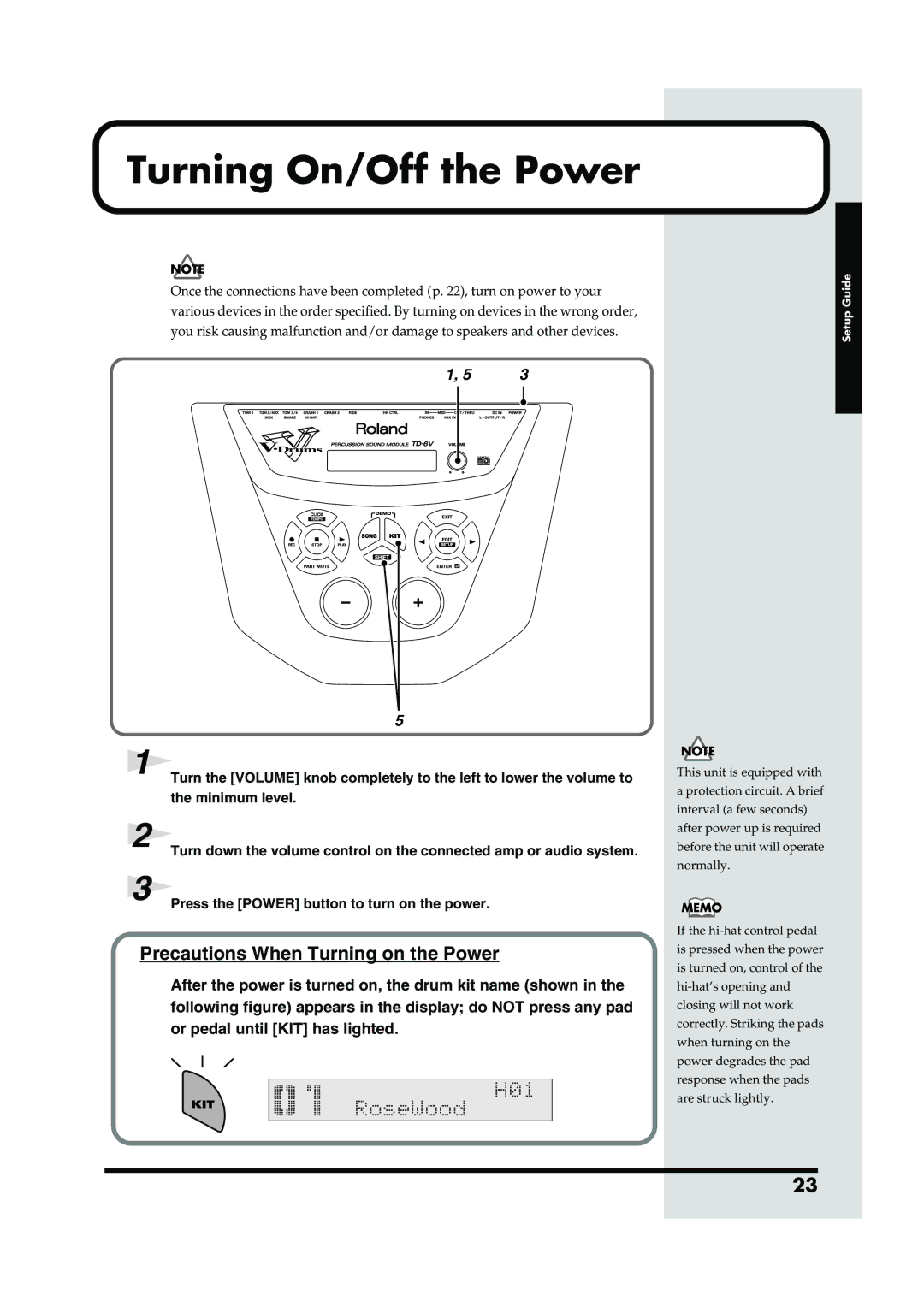 Roland TD-6V owner manual Turning On/Off the Power, Precautions When Turning on the Power 